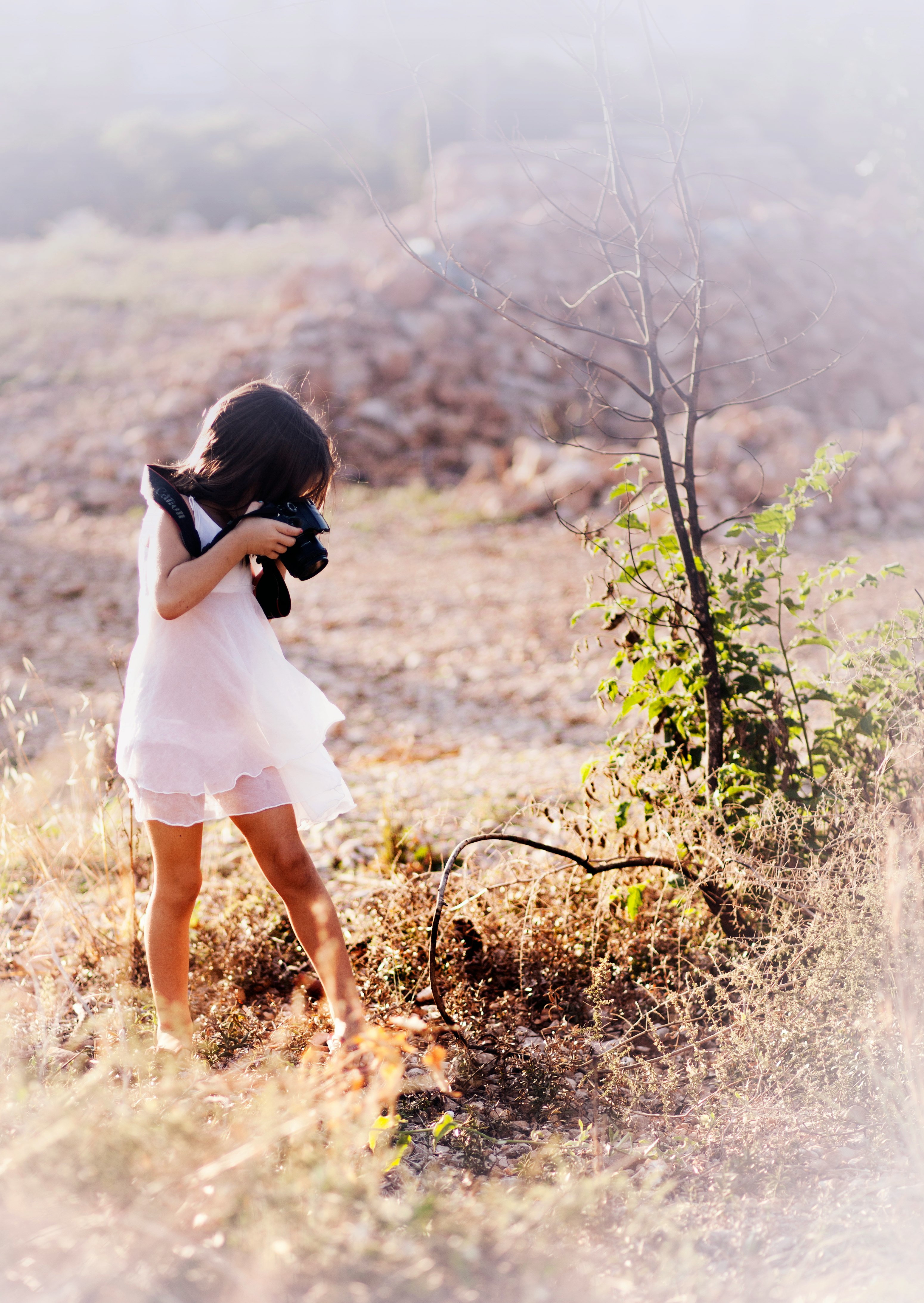 girl taking picture of tree branch outdoors